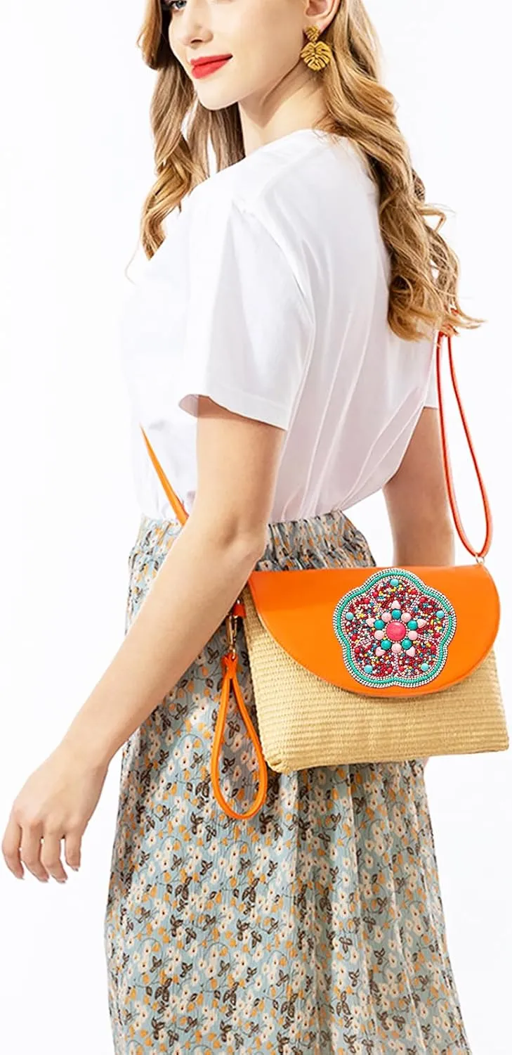 Clutch Purses for Women, Bohemian Handmade Straw Bag, Flip-up leather Crossbody Bags, Woven Envelope Package