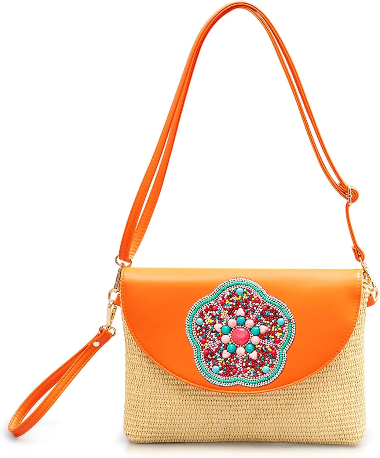 Clutch Purses for Women, Bohemian Handmade Straw Bag, Flip-up leather Crossbody Bags, Woven Envelope Package