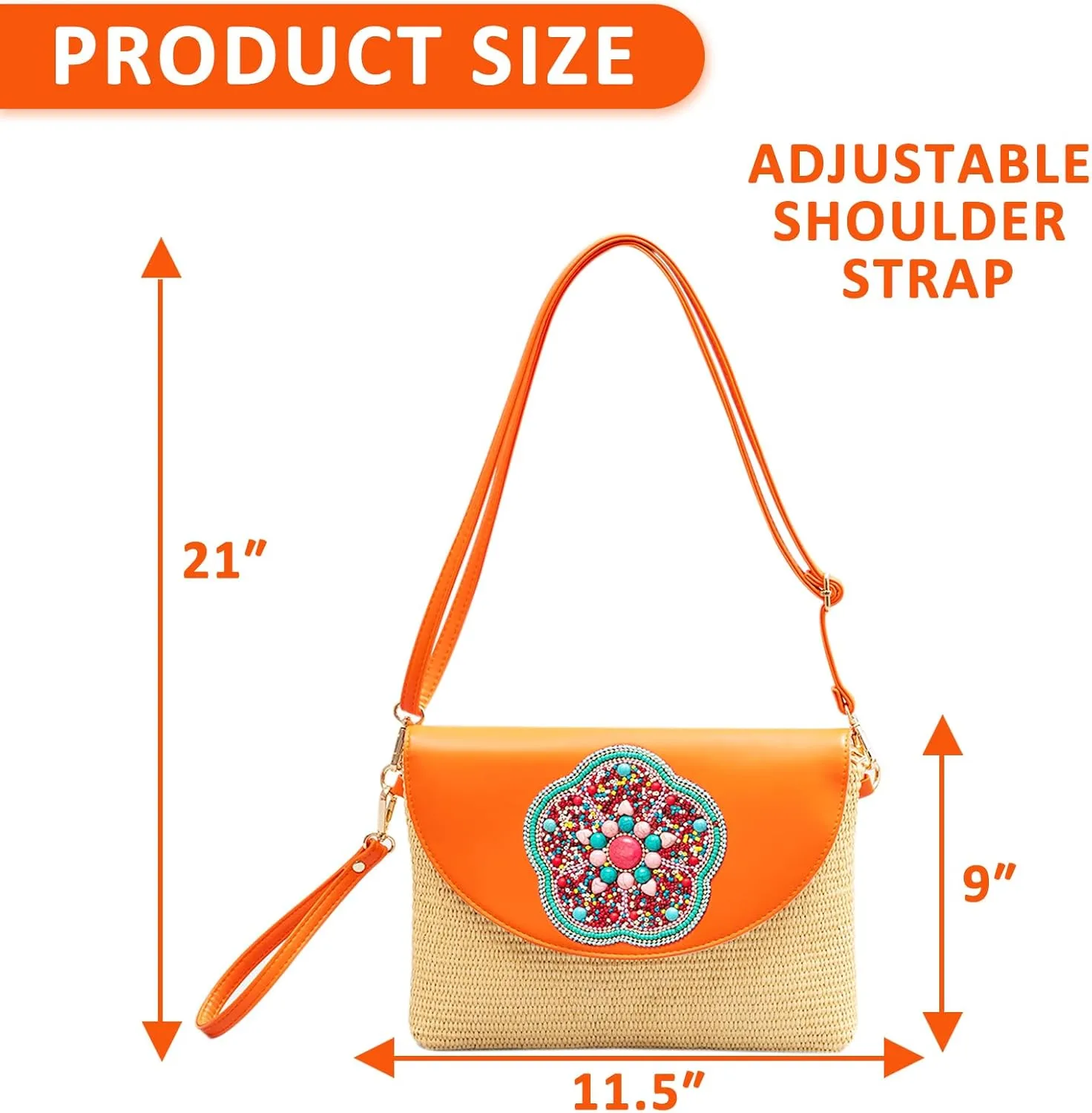 Clutch Purses for Women, Bohemian Handmade Straw Bag, Flip-up leather Crossbody Bags, Woven Envelope Package