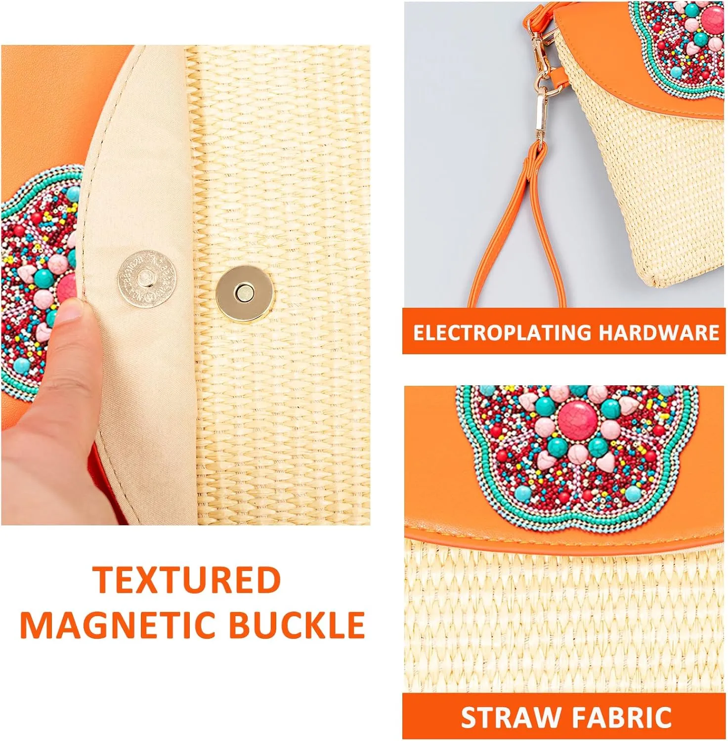 Clutch Purses for Women, Bohemian Handmade Straw Bag, Flip-up leather Crossbody Bags, Woven Envelope Package