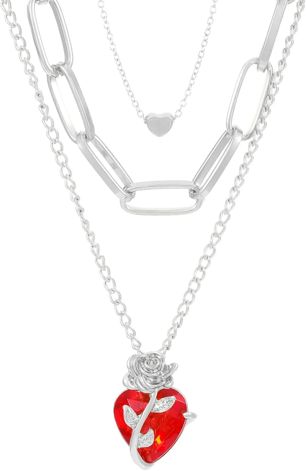 coadipress Red Heart Necklaces for Women Trendy Layered Choker Red Heart Pendant Necklace Rose Crystal Stacked Necklaces Charm Jewelry