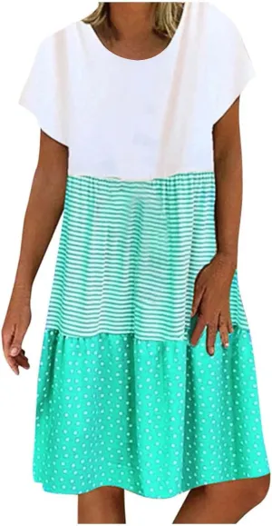 Colorblock Midi Dress for Women 2025 Summer Short Sleeve Loose Tshirt Dress Casual Crewneck Tiered Flowy Sundress