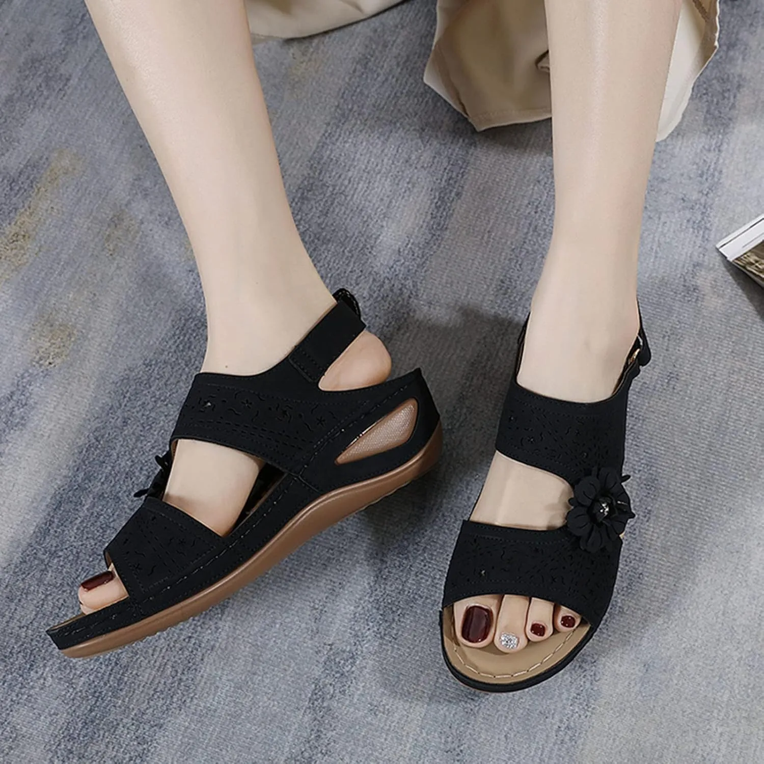 Comfortable Flats for Women Arch Support Sandals for Women Walking Low Wedge Sandals Women Comfortable Cute Ladies Walking Sandals Plantar Fasciitis Yoga Sandals for Women Wrap Sandals for Women