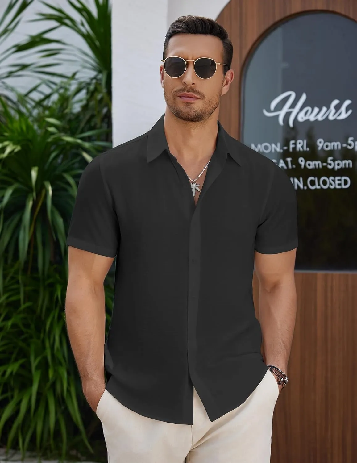 COOFANDY Men's Casual Button Down Short Sleeve Shirts Summer Beach Wedding Shirt Vacation Cotton Shirts