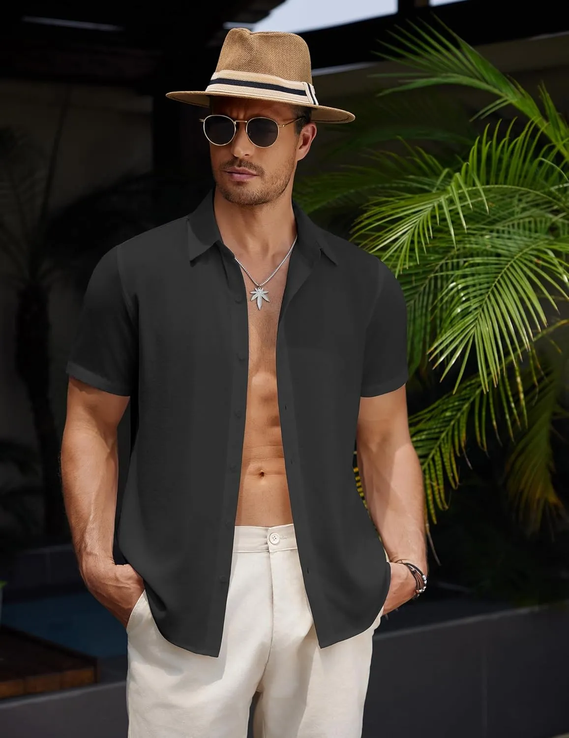 COOFANDY Men's Casual Button Down Short Sleeve Shirts Summer Beach Wedding Shirt Vacation Cotton Shirts