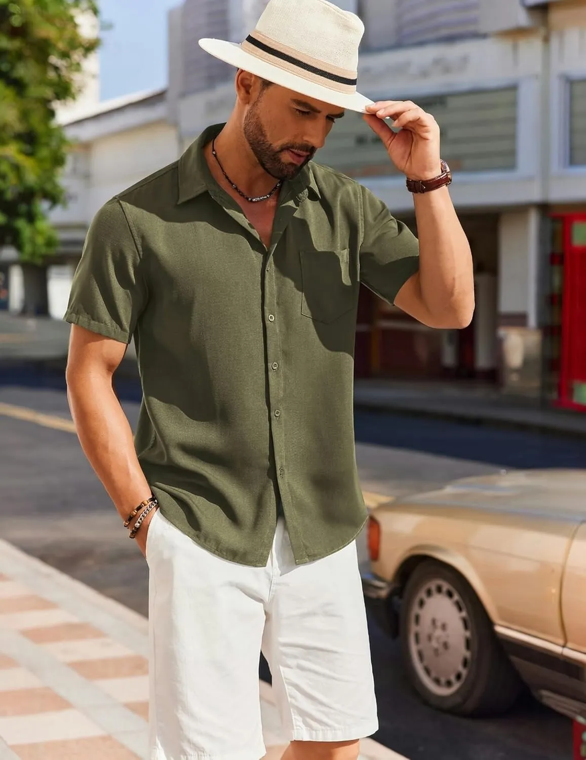 COOFANDY Mens Casual Short Sleeve Shirts Button Down Textured Shirts Summer Beach Shirt with Pocket