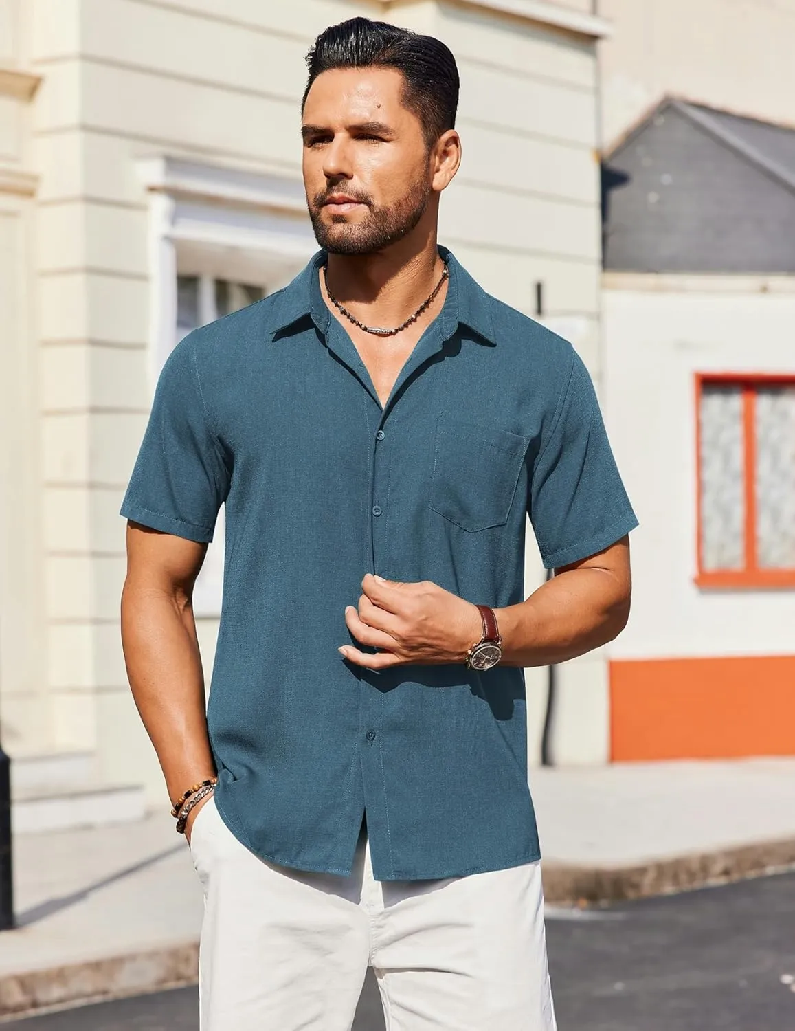COOFANDY Mens Casual Short Sleeve Shirts Button Down Textured Shirts Summer Beach Shirt with Pocket