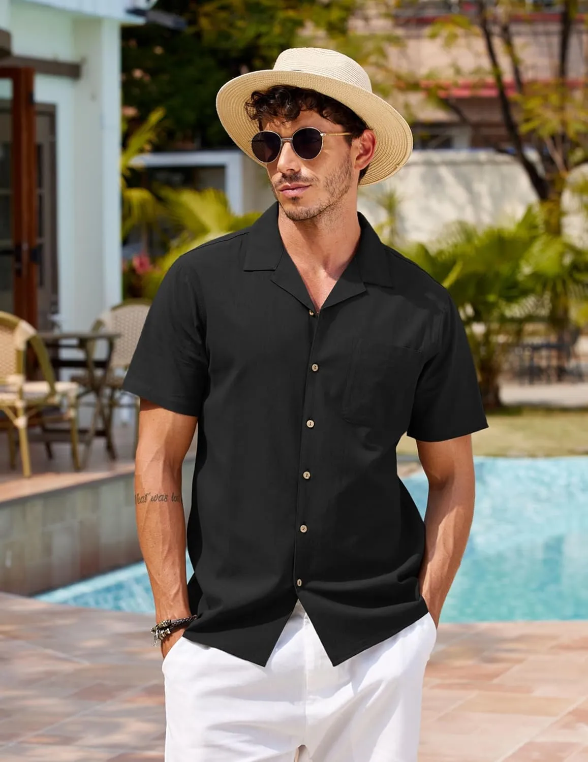 COOFANDY Men's Hawaiian Floral Shirts Cotton Linen Button Down Tropical Holiday Beach Shirts