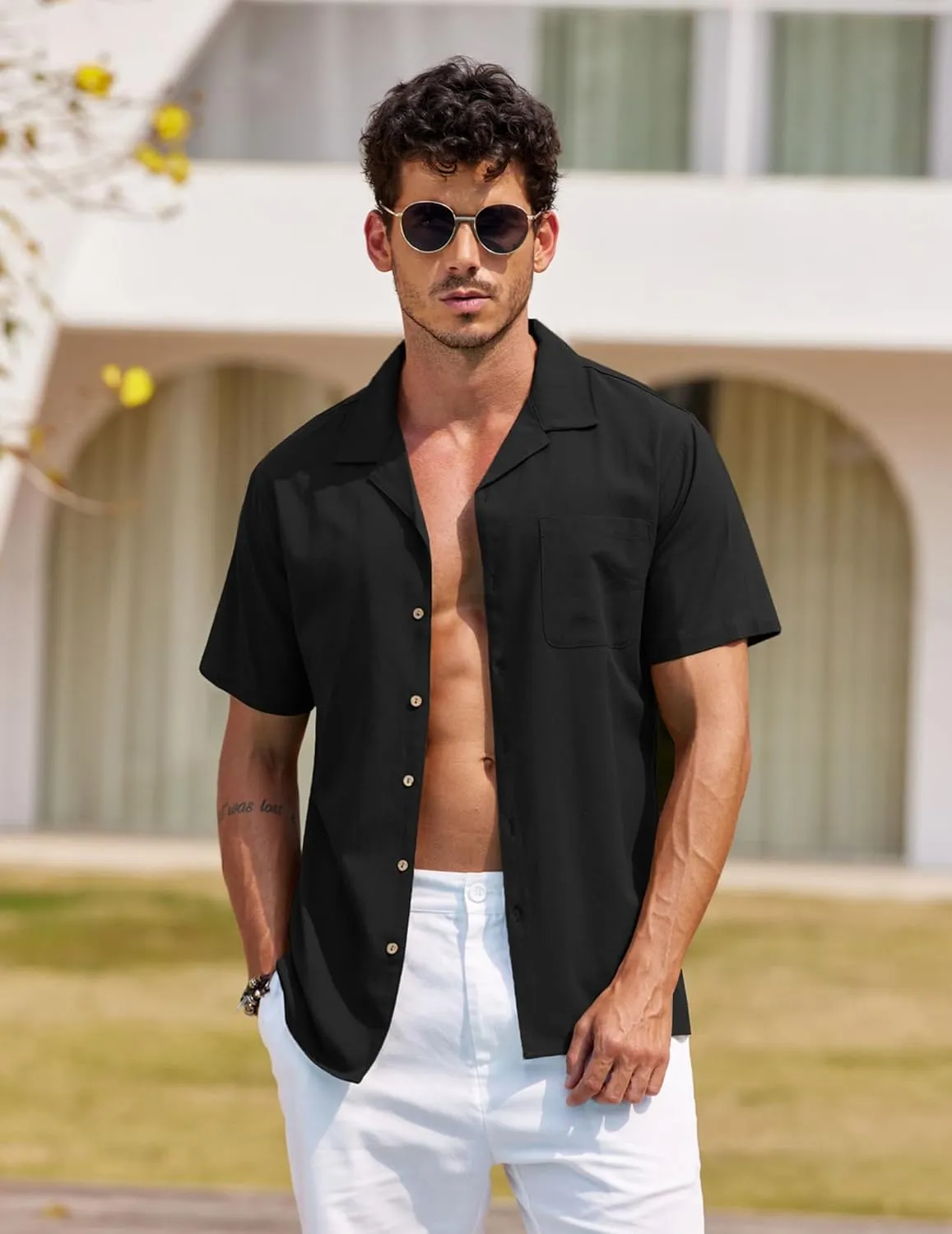 COOFANDY Men's Hawaiian Floral Shirts Cotton Linen Button Down Tropical Holiday Beach Shirts
