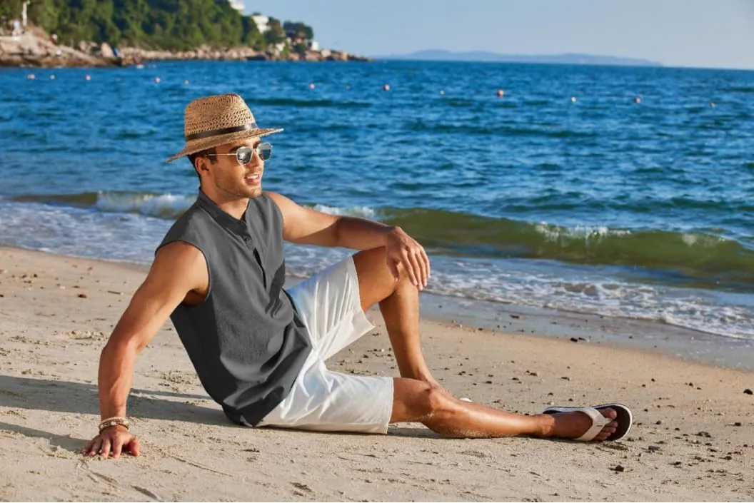 COOFANDY Sleeveless Beach Shirts for Men Summer Tank Shirts Casual Henley Tank Top