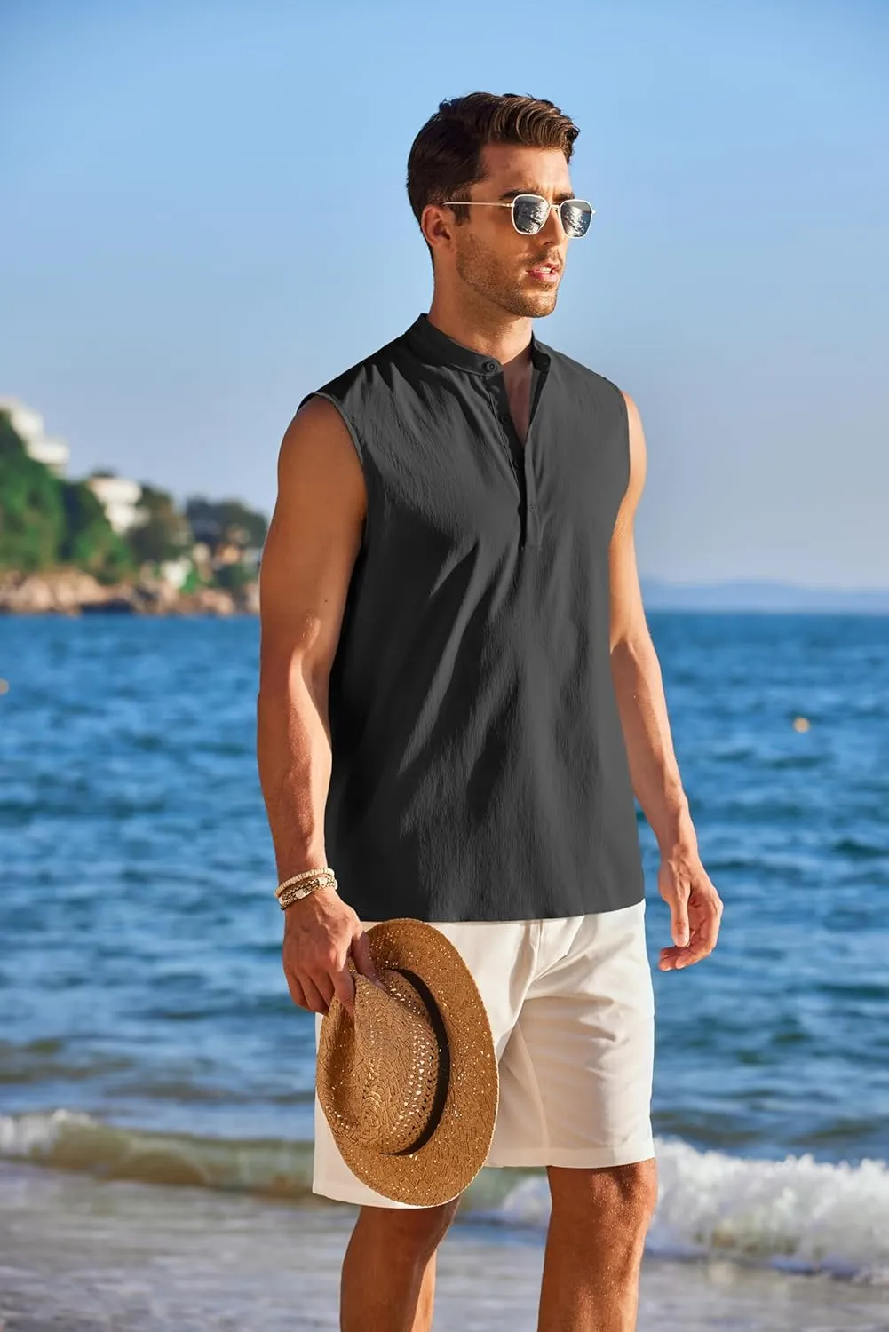COOFANDY Sleeveless Beach Shirts for Men Summer Tank Shirts Casual Henley Tank Top