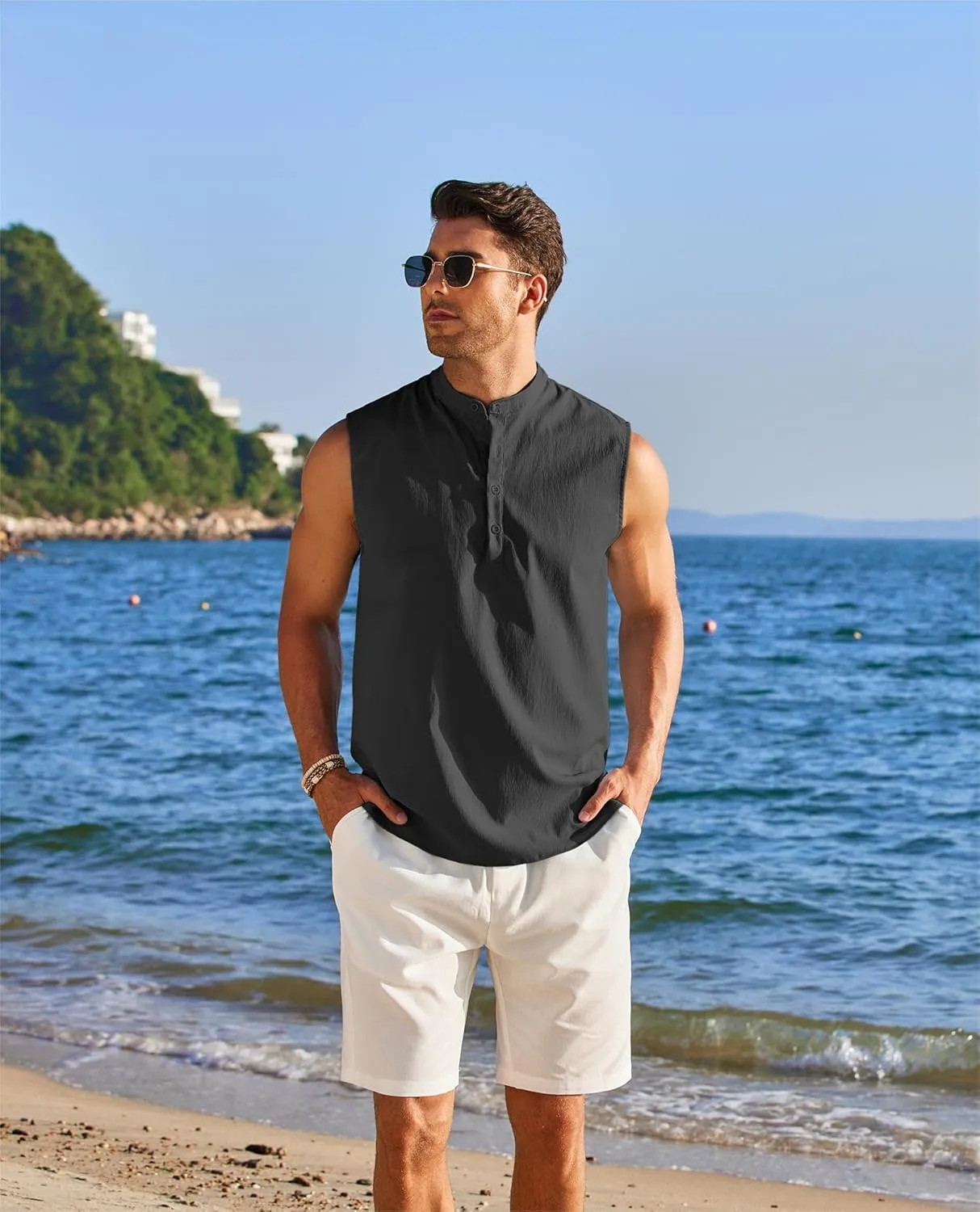 COOFANDY Sleeveless Beach Shirts for Men Summer Tank Shirts Casual Henley Tank Top