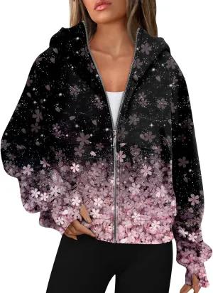 COTECRAM Womens Full Zip Up Hoodie Long Sleeve Oversized Graphic Sweatshirt Fall Jacket with Pockets Fashion Clothes 2024