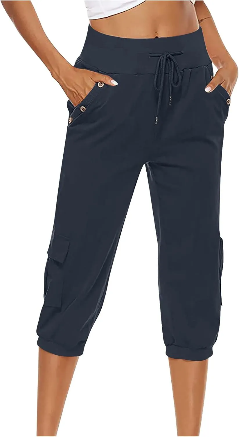 Cotton Linen Capri Women Casual Drawstring Elastic Waist Pants High Waisted Pants Summer Wide Leg Cropped Trousers