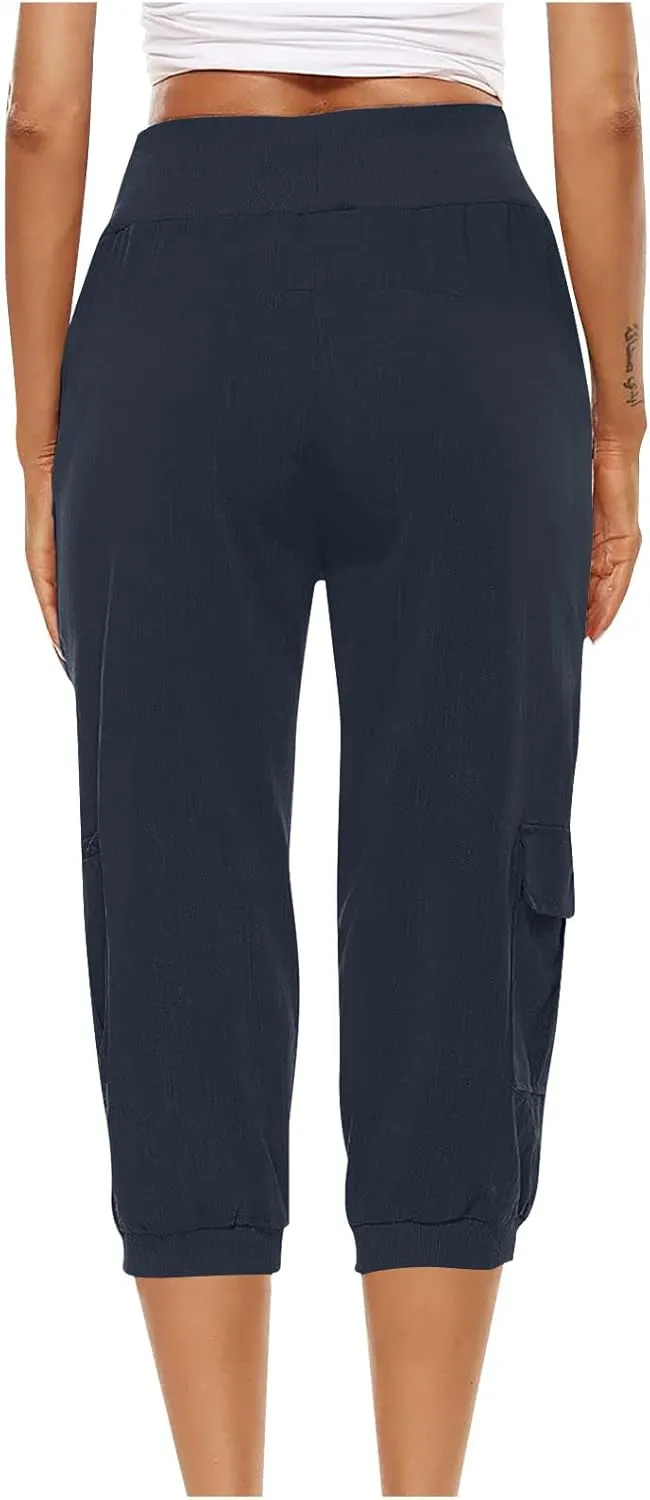 Cotton Linen Capri Women Casual Drawstring Elastic Waist Pants High Waisted Pants Summer Wide Leg Cropped Trousers