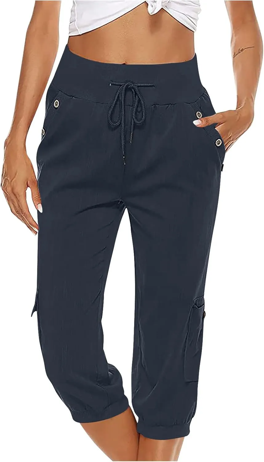 Cotton Linen Capri Women Casual Drawstring Elastic Waist Pants High Waisted Pants Summer Wide Leg Cropped Trousers