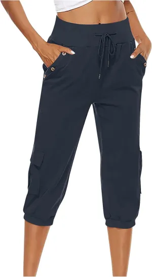 Cotton Linen Capri Women Casual Drawstring Elastic Waist Pants High Waisted Pants Summer Wide Leg Cropped Trousers