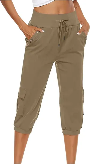 Cotton Linen Capri Women Casual Drawstring Elastic Waist Pants High Waisted Pants Summer Wide Leg Cropped Trousers