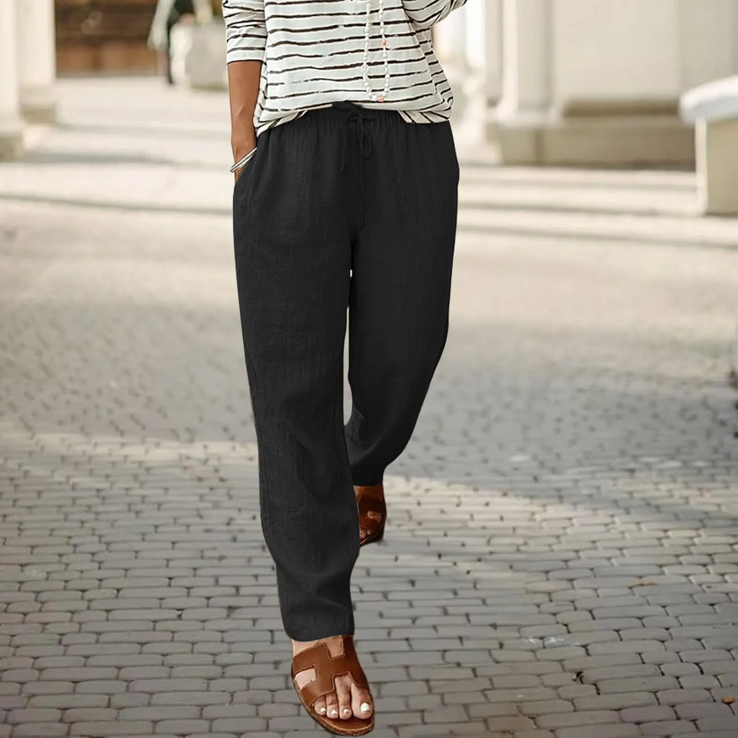 Cotton Linen Pants Casual Tapered Ankle Summer Womens Elastic Waist Drawstring Casual Trousers Sweatpants with Pocket