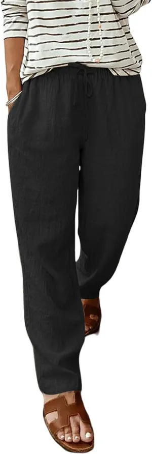 Cotton Linen Pants Casual Tapered Ankle Summer Womens Elastic Waist Drawstring Casual Trousers Sweatpants with Pocket
