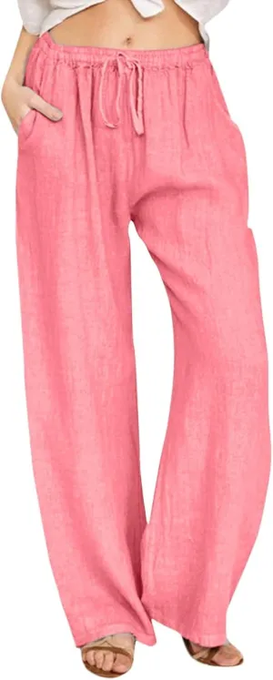 Cotton Linen Trousers for Womens 2025 Summer Drawstring High Waist Baggy Straight Leg Casual Pants with Pockets