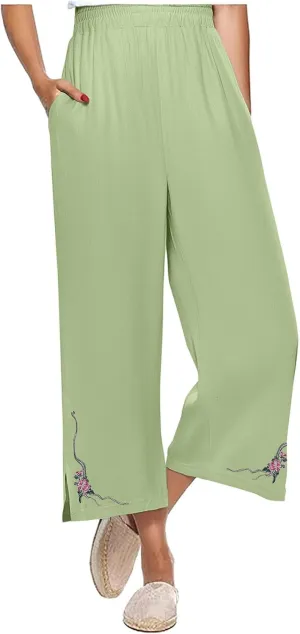 Cropped Linen Pants for Women Floral Embroidered Wide Leg Capri Pant High Elastic Waist Summer Trousers with Pockets