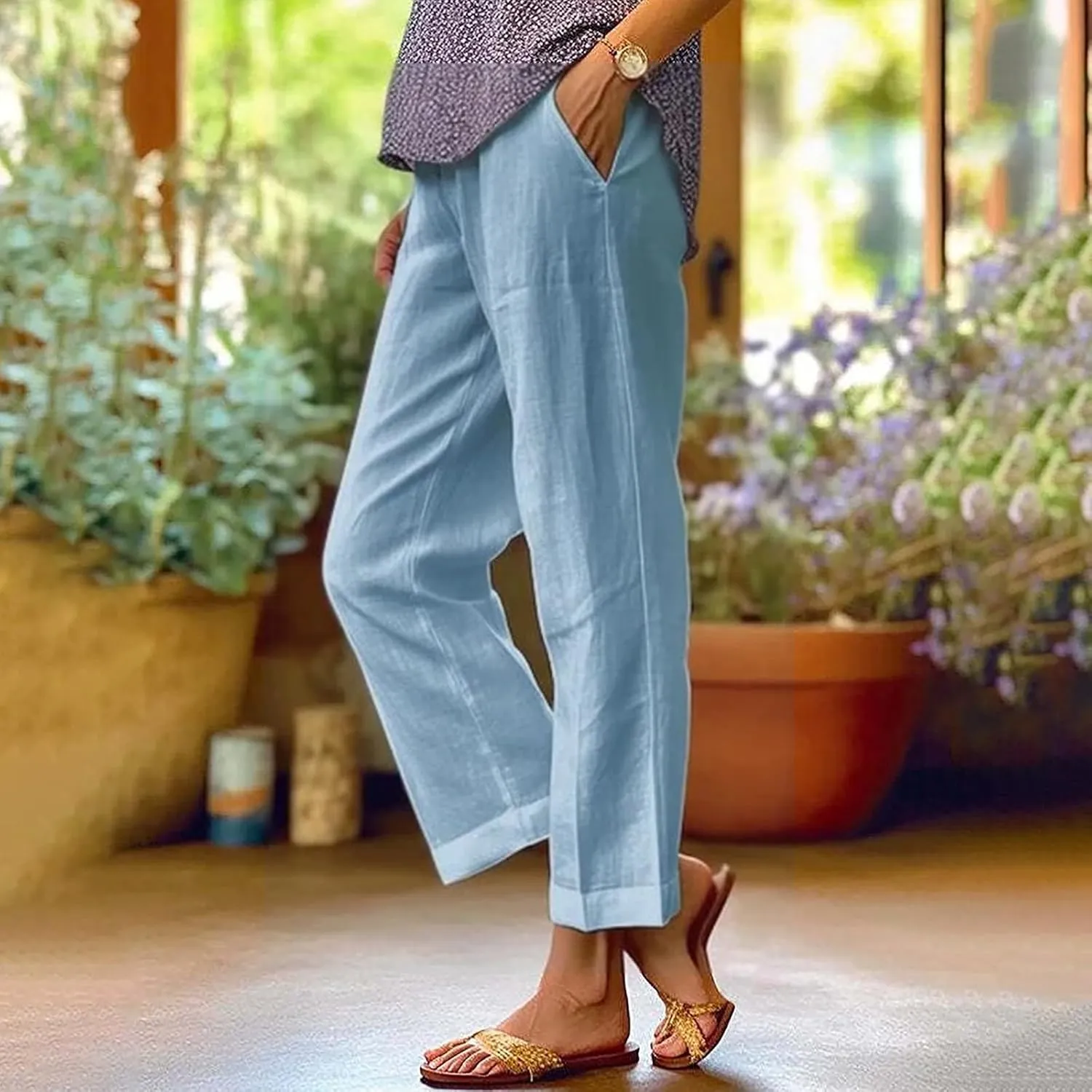 Cropped Linen Pants Women Summer Elastic Waist Straight Leg Capris Plus Size Casual Beach Cropped Pants with Pockets