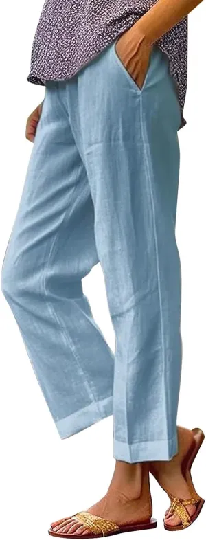 Cropped Linen Pants Women Summer Elastic Waist Straight Leg Capris Plus Size Casual Beach Cropped Pants with Pockets