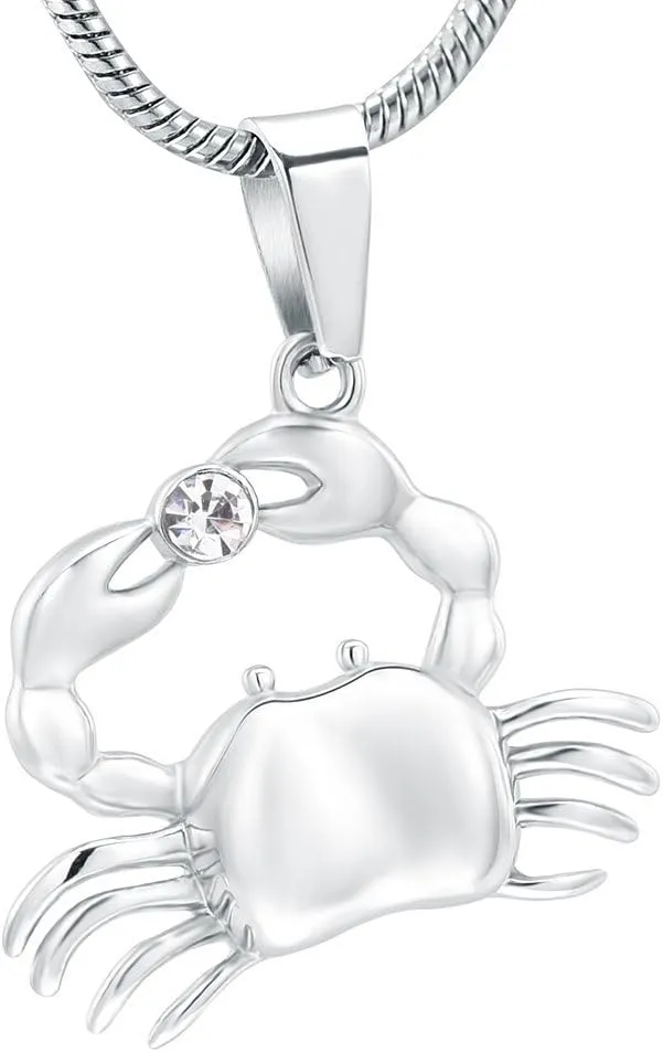 Crystal Inlay Crab Cremation Jewelry for Ashes Pendant Urns Pet/Human Stainless Steel Memorial Necklace for Men/Women & Free Fill Kits