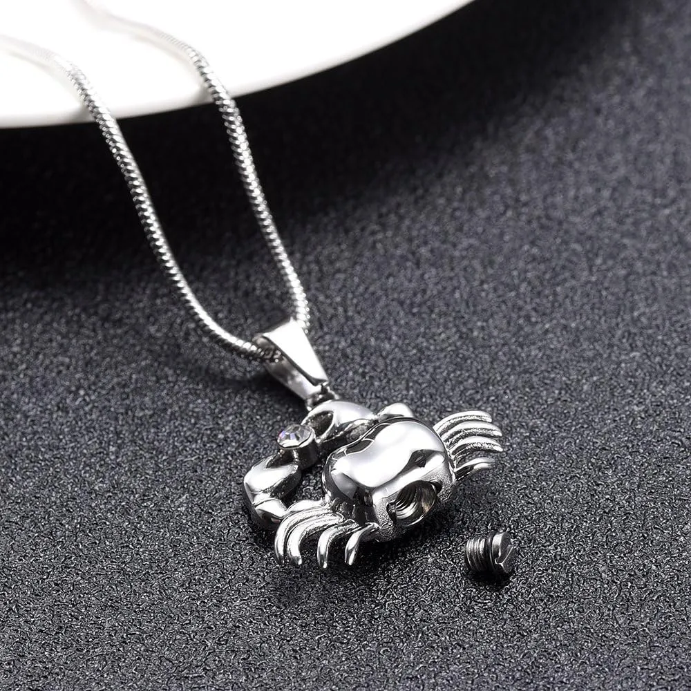 Crystal Inlay Crab Cremation Jewelry for Ashes Pendant Urns Pet/Human Stainless Steel Memorial Necklace for Men/Women & Free Fill Kits