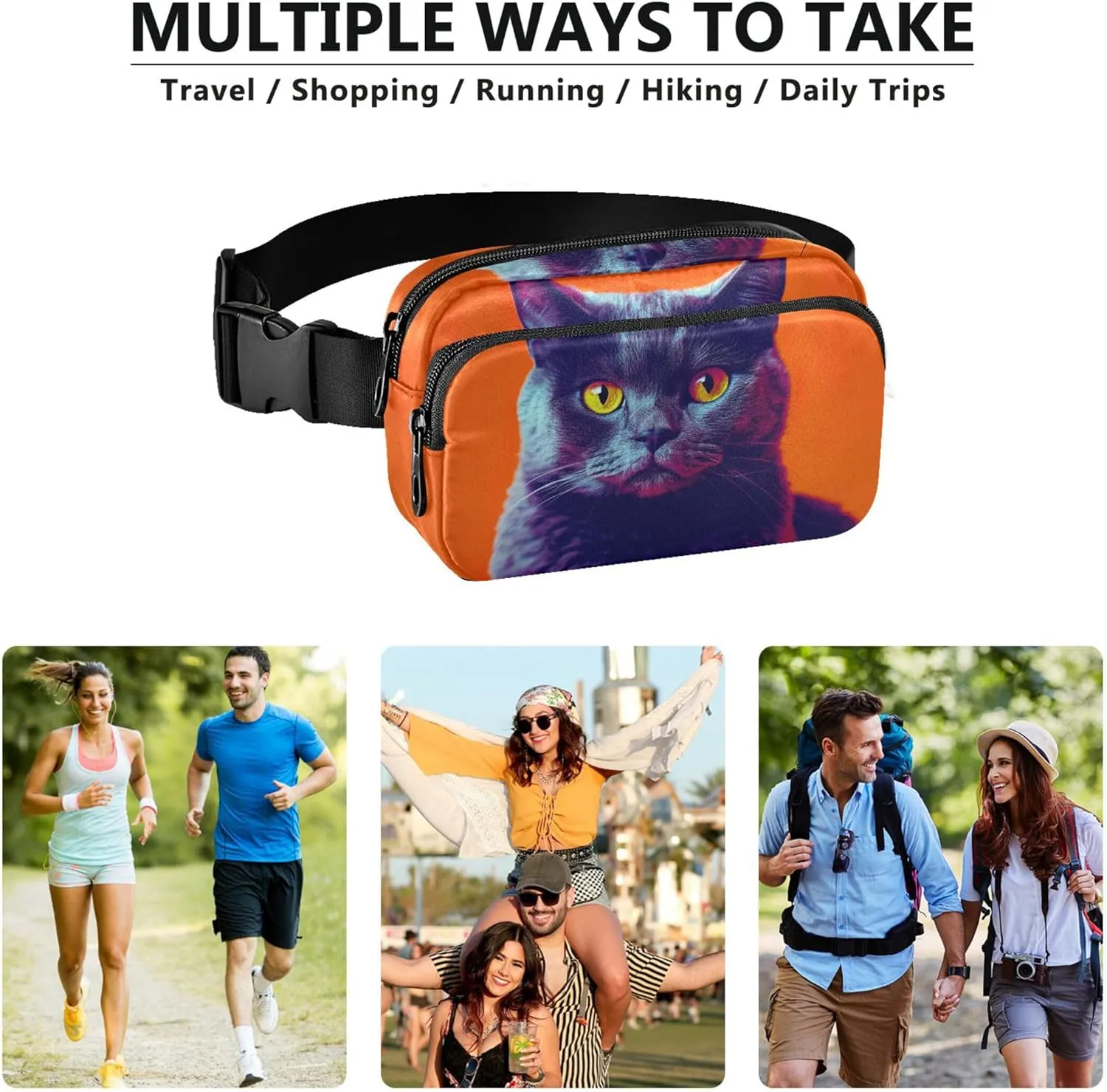 Cute Cat Black Orange Fanny Pack for Women Waterproof Hip Bag Belt Purse Cute Waist Pouches for Men