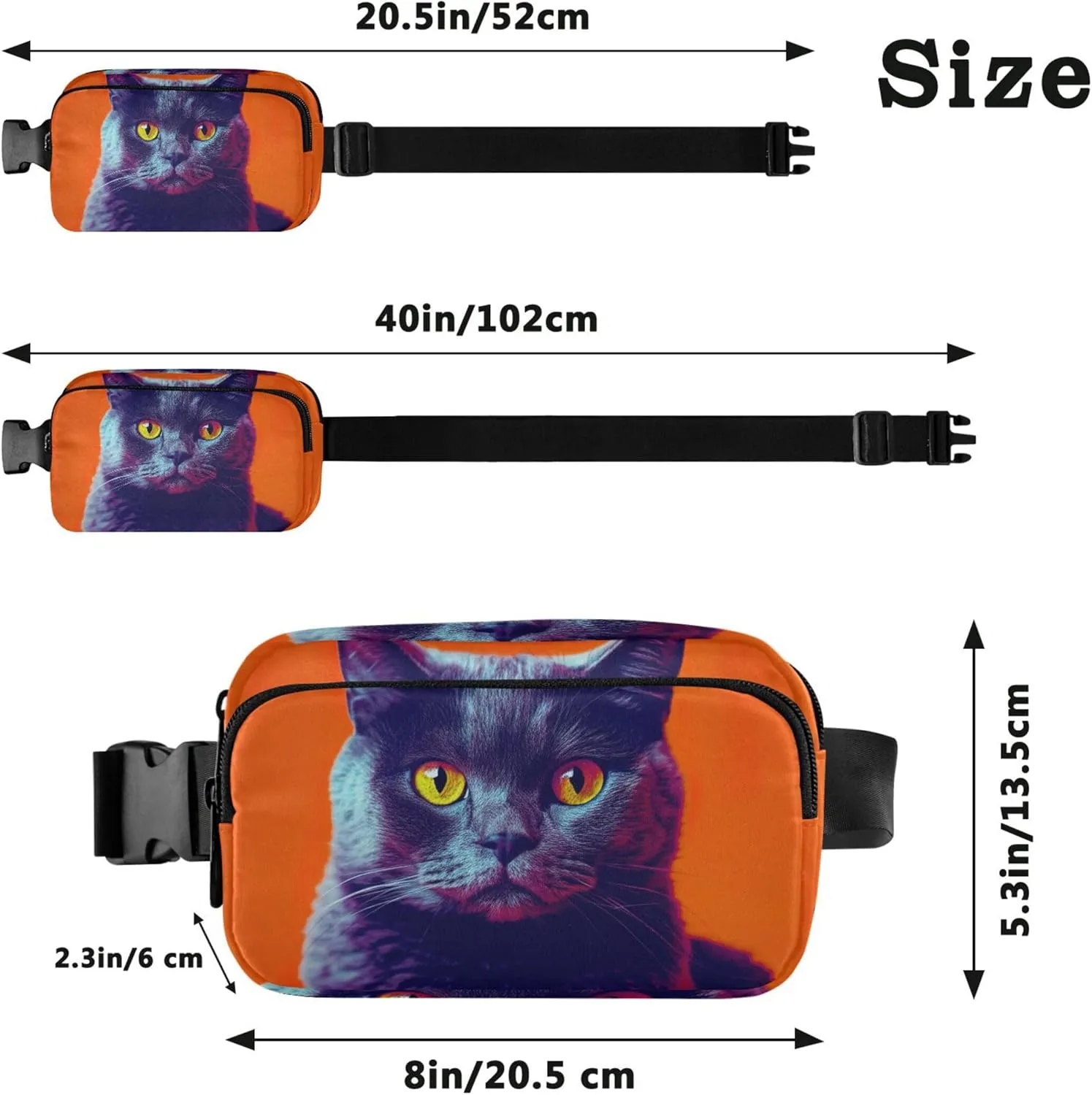 Cute Cat Black Orange Fanny Pack for Women Waterproof Hip Bag Belt Purse Cute Waist Pouches for Men