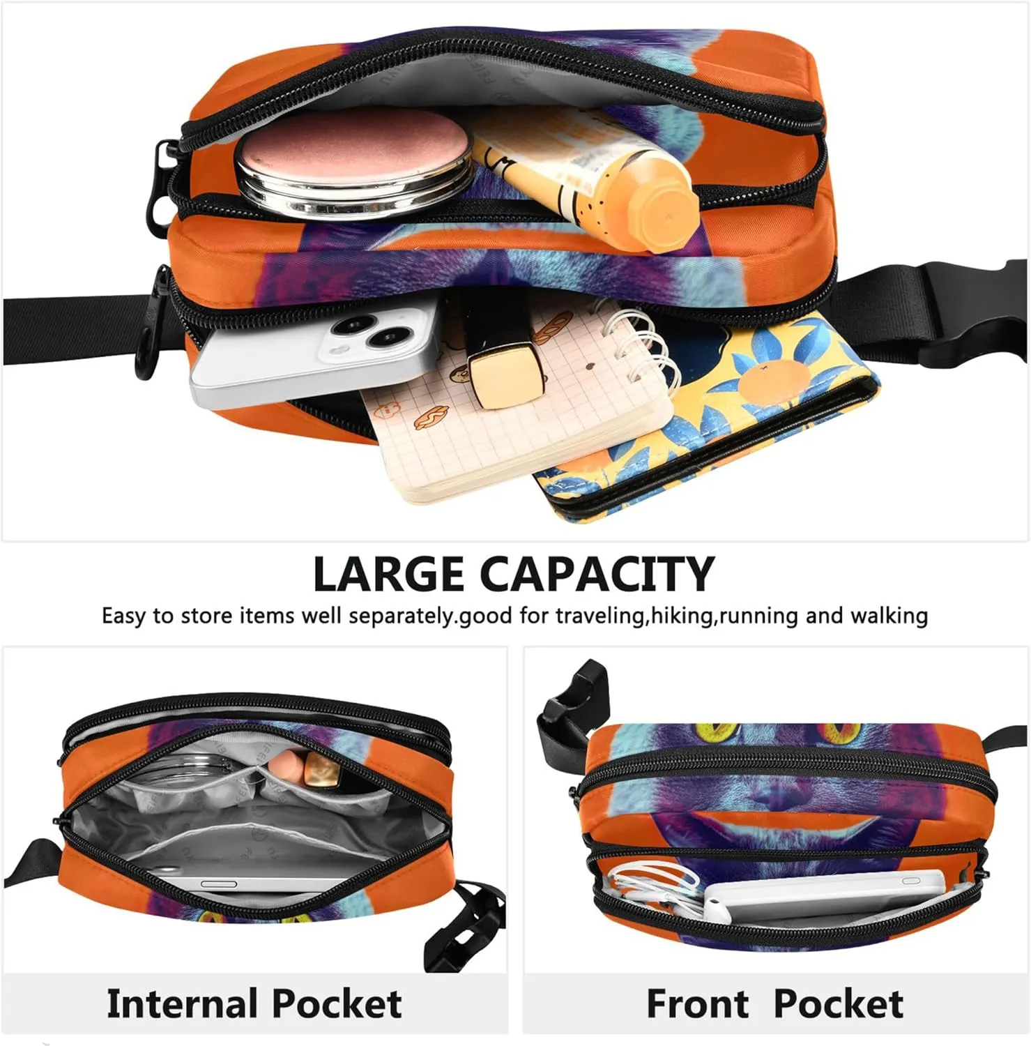 Cute Cat Black Orange Fanny Pack for Women Waterproof Hip Bag Belt Purse Cute Waist Pouches for Men