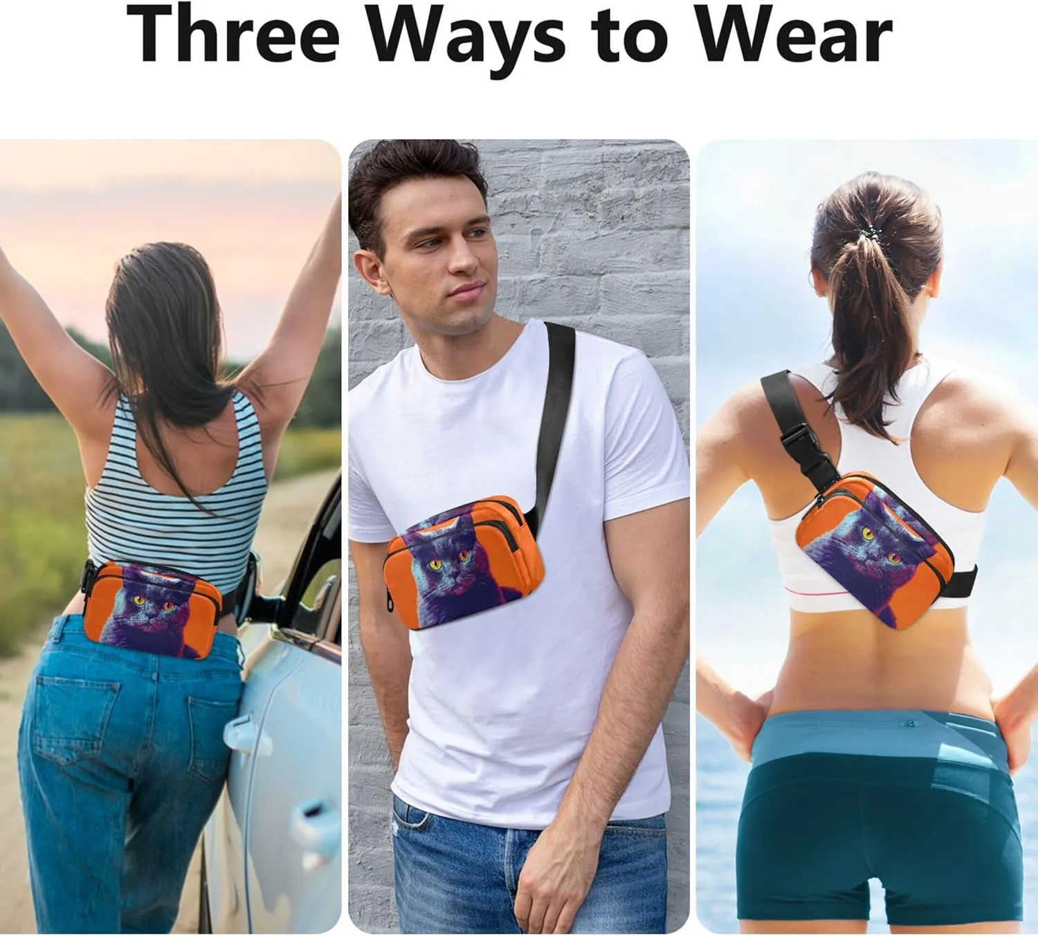 Cute Cat Black Orange Fanny Pack for Women Waterproof Hip Bag Belt Purse Cute Waist Pouches for Men