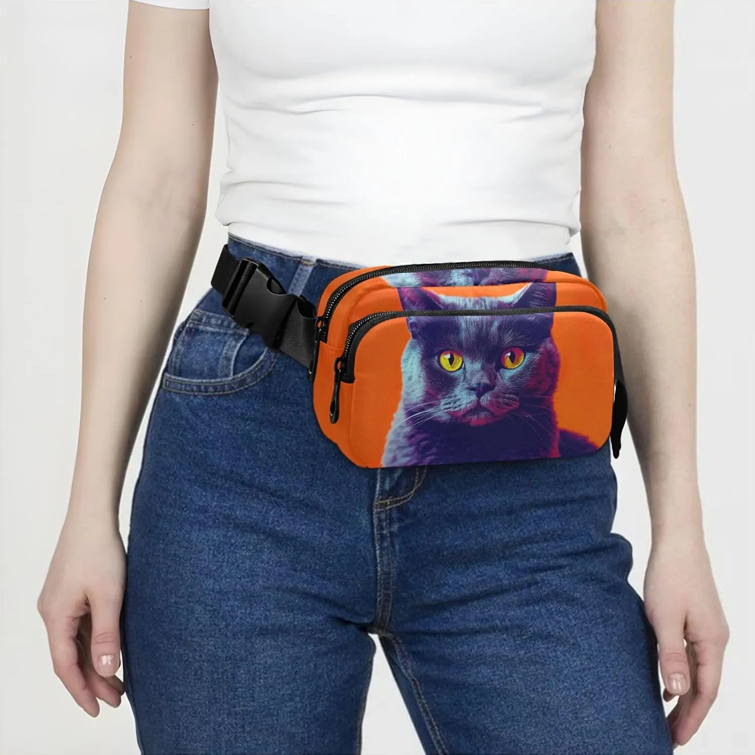 Cute Cat Black Orange Fanny Pack for Women Waterproof Hip Bag Belt Purse Cute Waist Pouches for Men