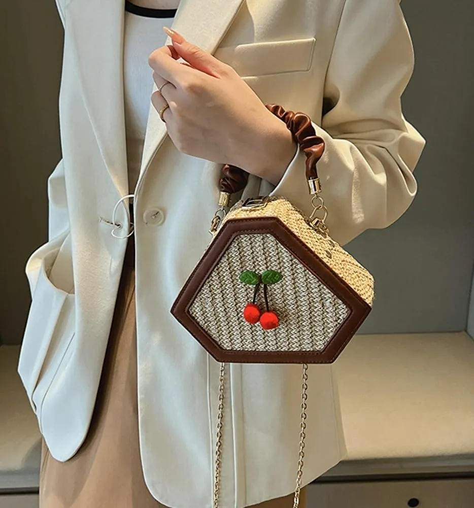 Cute Mini Handbags for Women Hand-woven Summer Tote Bag Evening Clutch Cherry Straw Weave Novelty Small Purses