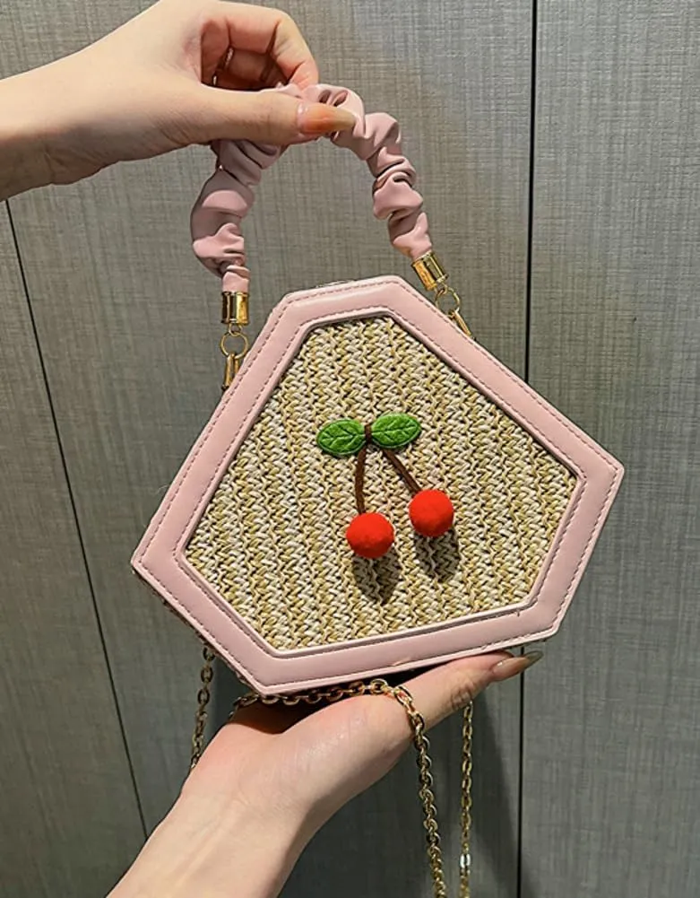 Cute Mini Handbags for Women Hand-woven Summer Tote Bag Evening Clutch Cherry Straw Weave Novelty Small Purses