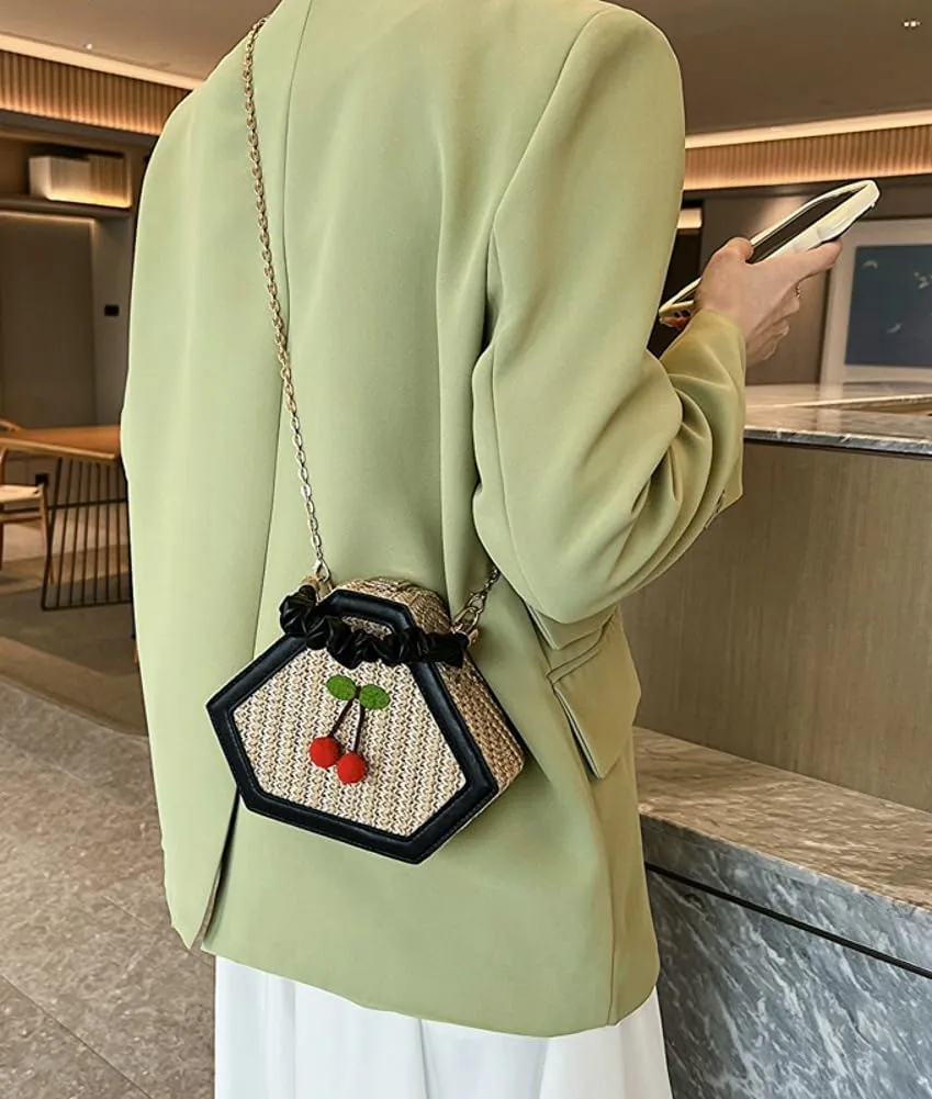 Cute Mini Handbags for Women Hand-woven Summer Tote Bag Evening Clutch Cherry Straw Weave Novelty Small Purses