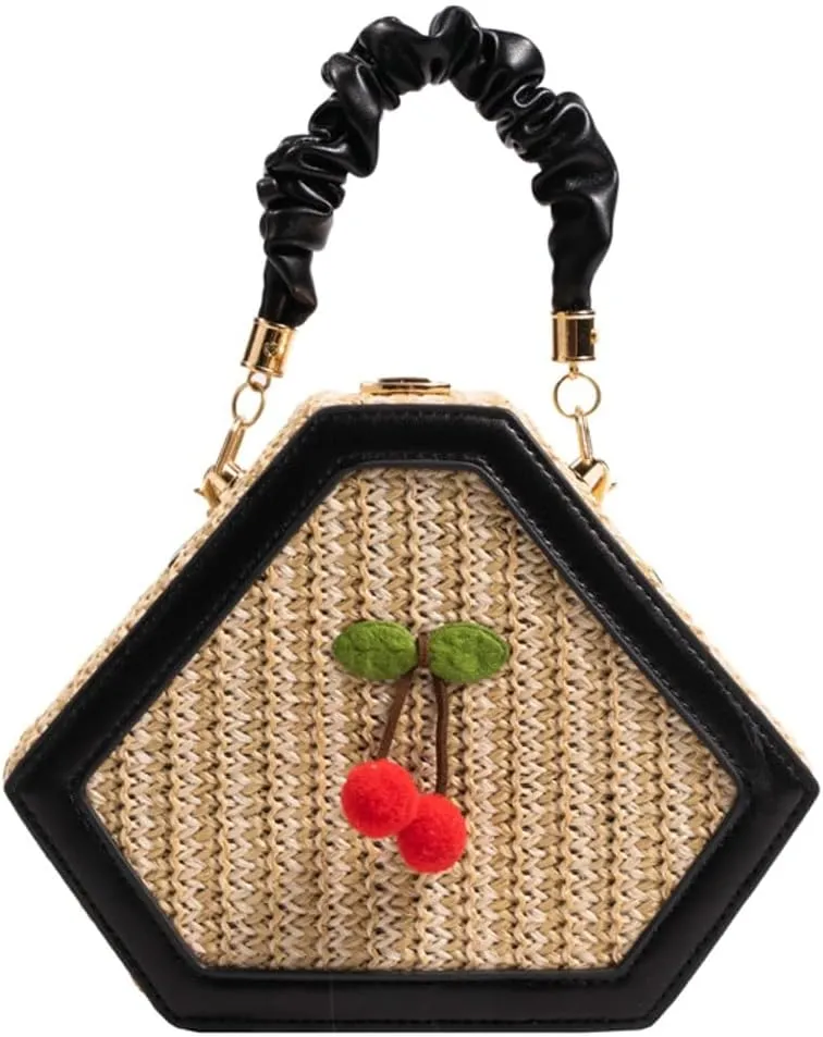Cute Mini Handbags for Women Hand-woven Summer Tote Bag Evening Clutch Cherry Straw Weave Novelty Small Purses