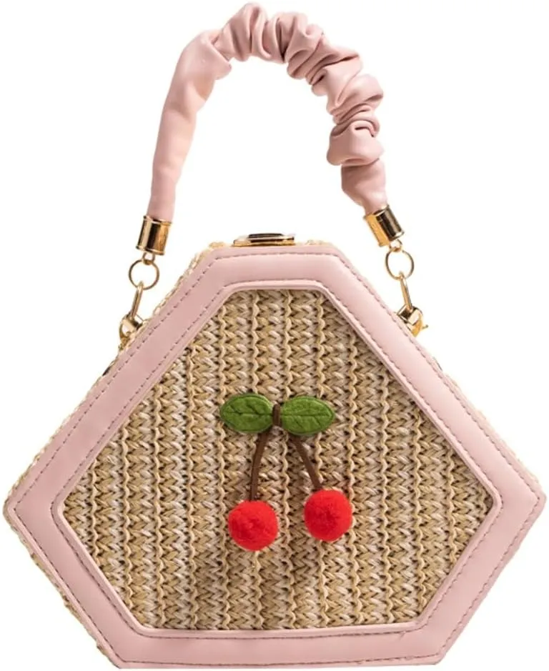 Cute Mini Handbags for Women Hand-woven Summer Tote Bag Evening Clutch Cherry Straw Weave Novelty Small Purses