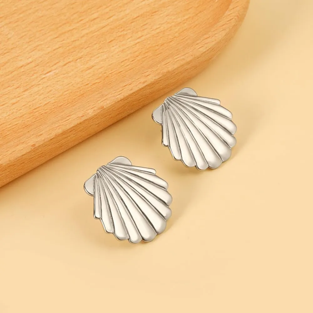 Cute Seashell Big Stud Earrings for Women Girls Dainty Minimalist 14K Gold Plated Seashore Hypoallergenic Earrings Fashion Trendy Beach Summer Holiday Jewelry Gift
