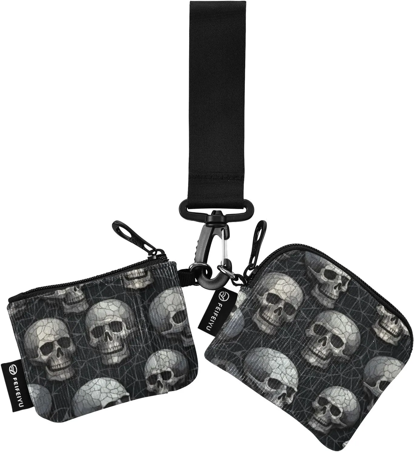 Cute Skull Black Mini Zip Around Wristlet Wallets with Detachable Women Dual Pouch