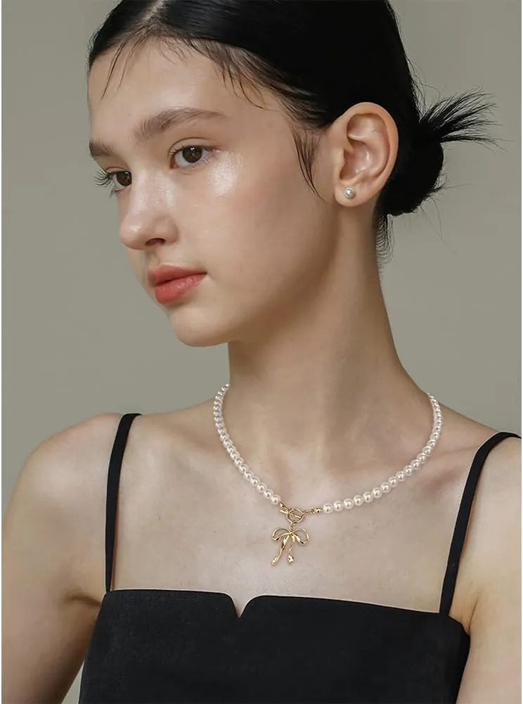 Dainty Gold Pendant Necklaces For Women Pearl Strands And Gold Chains With Bow Heart Charms