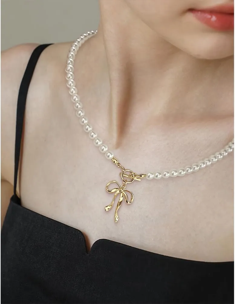 Dainty Gold Pendant Necklaces For Women Pearl Strands And Gold Chains With Bow Heart Charms