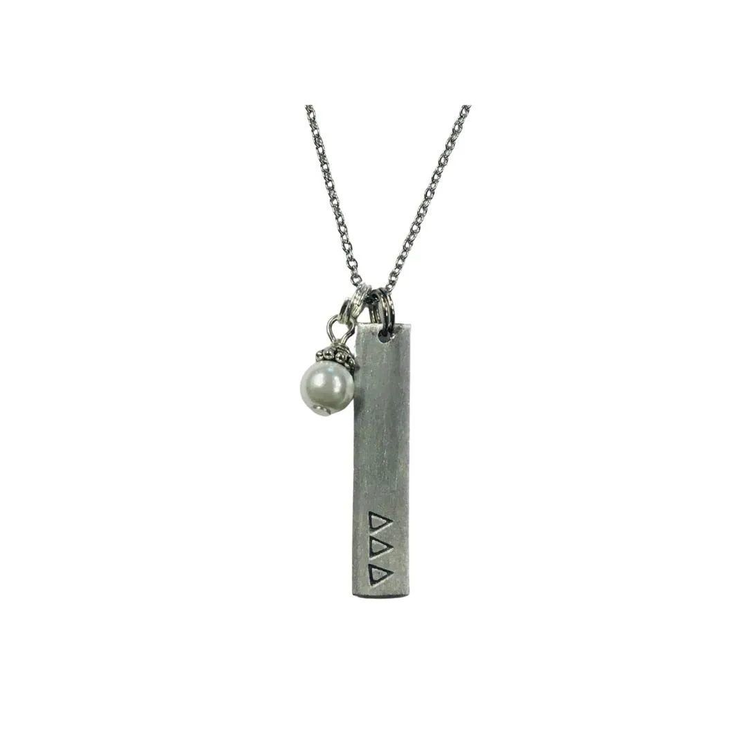 Delta Delta Delta Bar Pendant with Glass Pearl Dangle, Sorority Greek Necklaces, comes on an 18 inch stainless steel link necklace with lobster claw