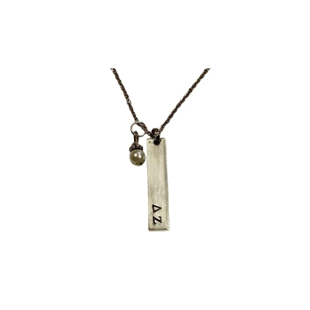 Delta Zeta Bar Pendant with white glass pearl dangle, DZ Sorority Greek Necklaces, comes on an 18 inch stainless steel link necklace with lobster claw