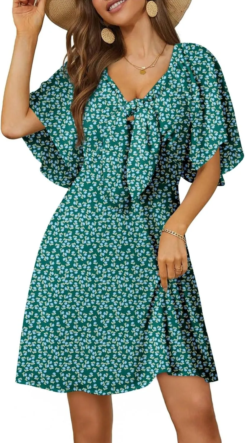 Dokotoo Dresses for Women 2025 Floral V Neck Boho Mini Dress Summer Boho Dress Vacation Beach