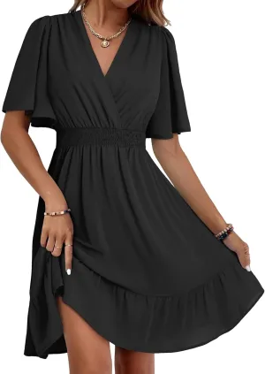 Dokotoo Women's Dress 2025 Summer Deep V Neck Elegant Ruffle Mini Dress Waist Dresses S-2XL
