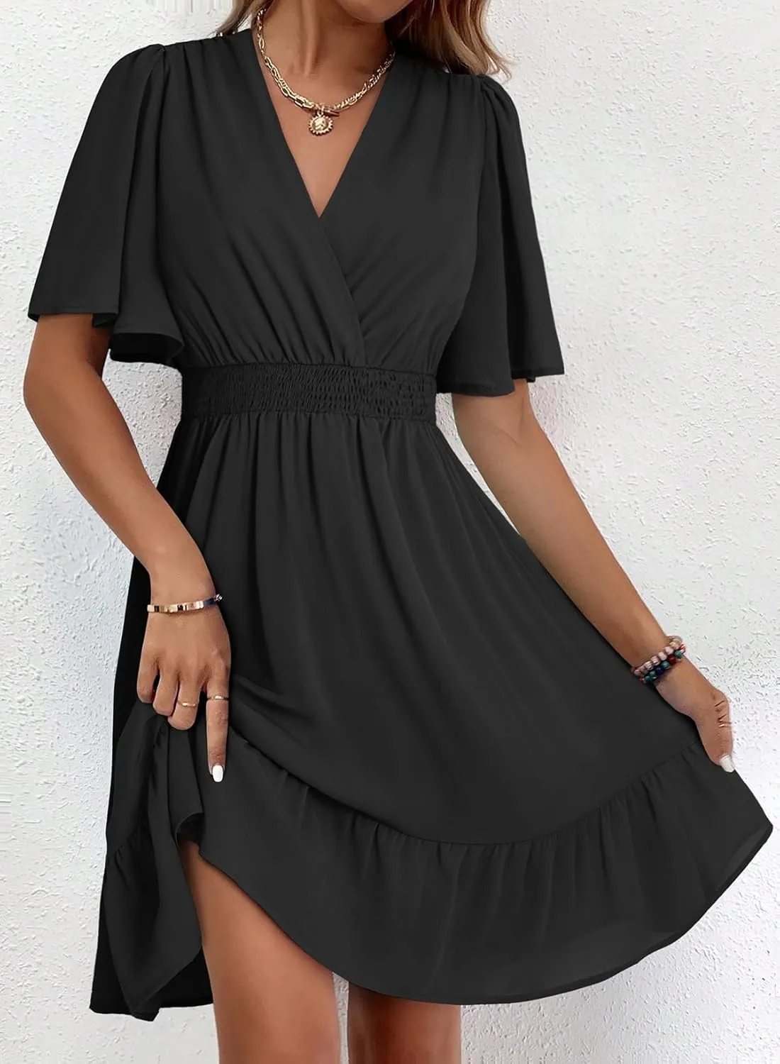Dokotoo Women's Dress 2025 Summer Deep V Neck Elegant Ruffle Mini Dress Waist Dresses S-2XL