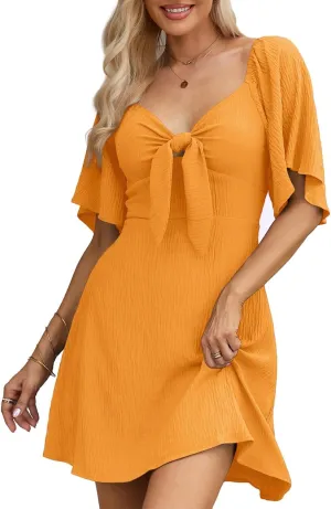 Dokotoo Womens Dresses 2025 Spring Summer Deep V Neck Elegant Bow tie Mini Dress S-XL